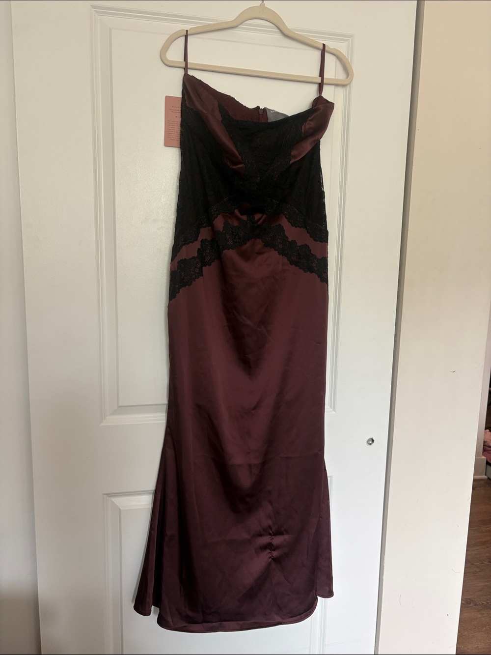 Elegant Burgundy Satin Maxi Slip Dress with Black Lace Trim